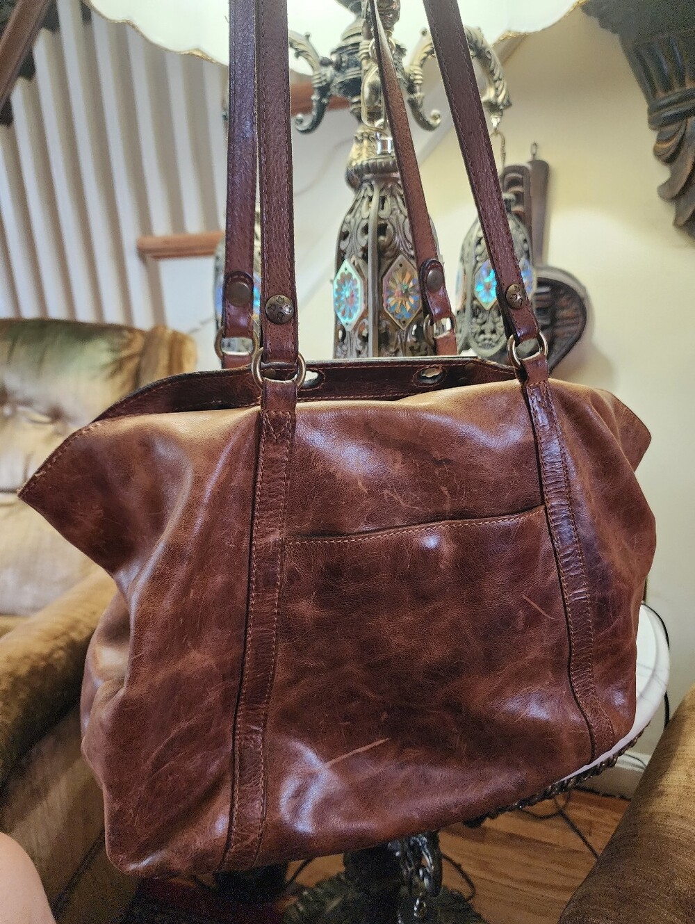 Patricia Nash Genuine Leather Brown Tote Handbag & Matching Wristlet Clutch Set - Picture 4 of 16